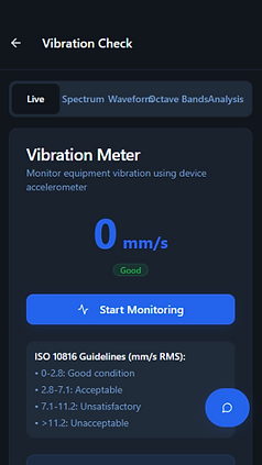RelOnion mobile vibration monitoring tool checking machine severity against ISO 10816 guidelines for predictive maintenance
