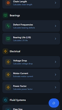 RelOnion mobile engineering toolbox menu grouping vibration electrical and fluid calculation tools for maintenance reliability