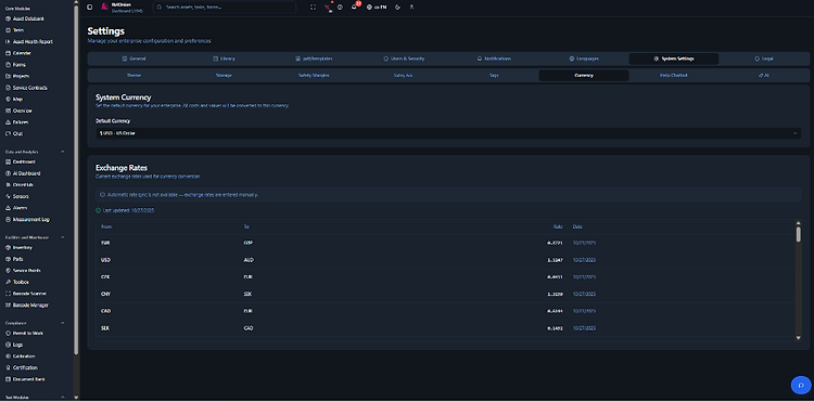 Currency settings