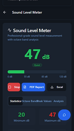 RelOnion mobile sound level meter showing real-time decibel readout with octave-band analysis for noise compliance