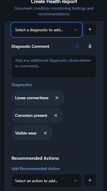 RelOnion asset diagnostics form logging failure findings and recommended actions for reliability-centered maintenance