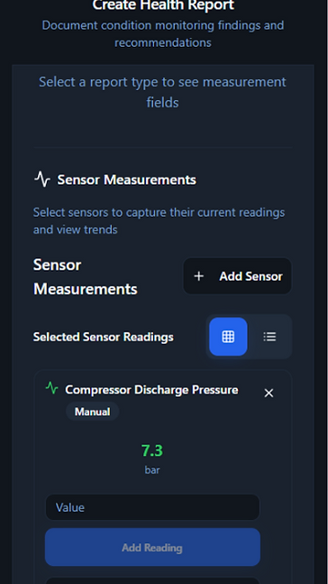 RelOnion asset health report builder selecting sensors to capture readings and trends for condition monitoring