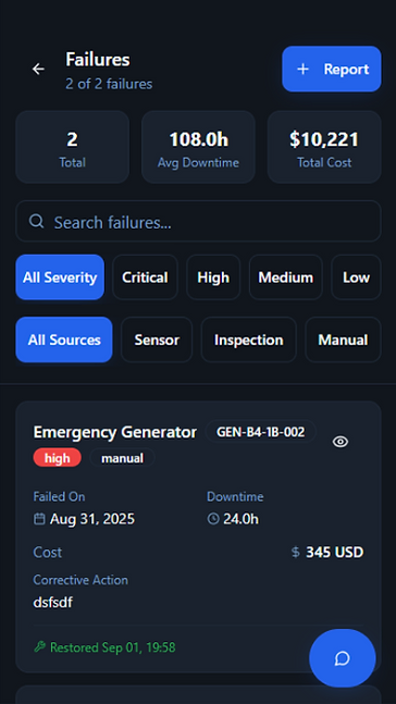 RelOnion failures dashboard tracking equipment failure events with downtime hours and cost per asset for reliability analysis