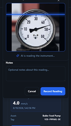 RelOnion AI gauge reader scanning an analog instrument to log sensor readings for predictive maintenance
