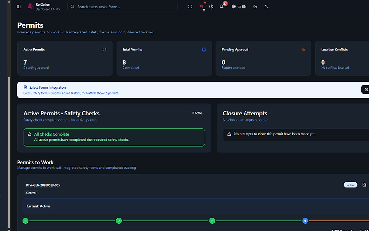 RelOnion Permits dashboard — active permits, safety checks, and closure