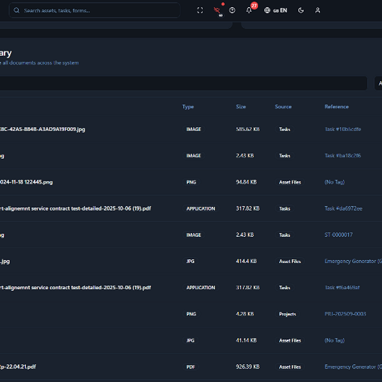 Document library table — filterable file list