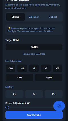 RelOnion mobile RPM calculator using strobe vibration and optical methods to measure machine speed for condition monitoring