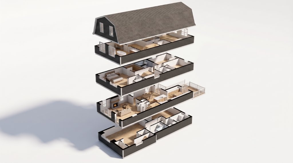 Exploded axonometric of the home's levels