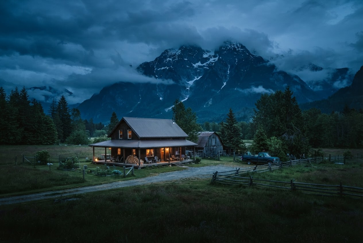 Rural Pemberton acreage at dusk