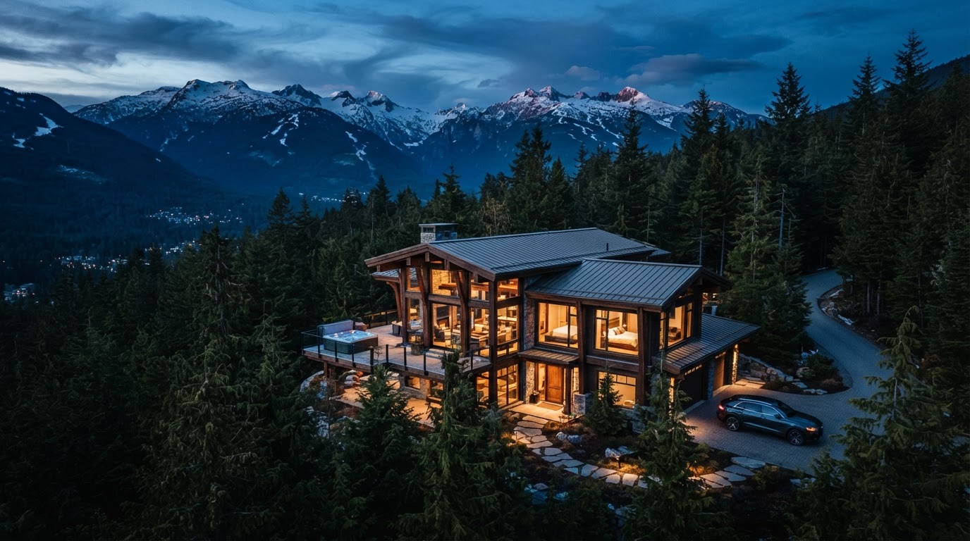 Luxury timber and glass mountain home in Whistler at dusk
