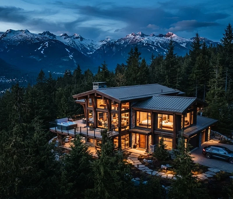 Luxury timber and glass mountain home in Whistler at dusk
