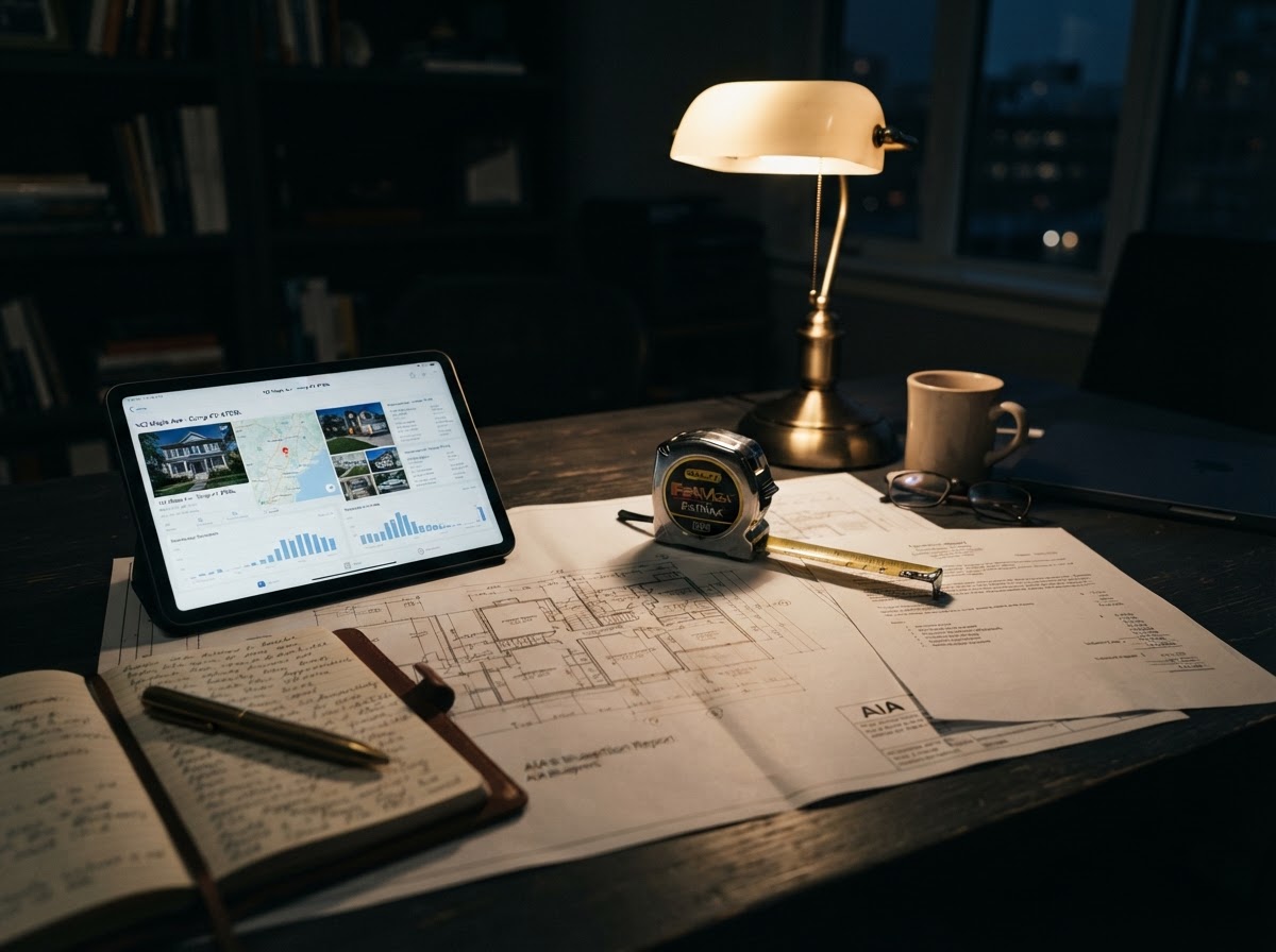 Appraiser's desk with measuring tape, floor plans and comparables