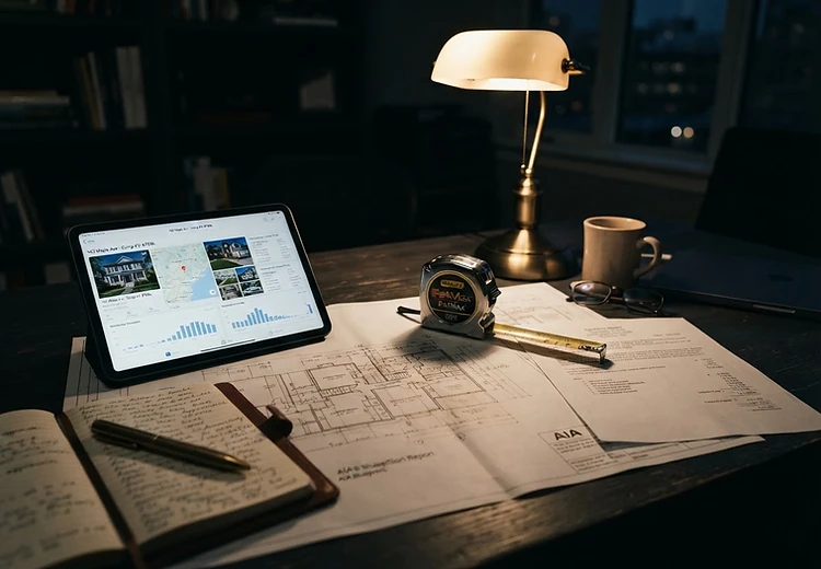 Appraiser's desk with measuring tape, floor plans and comparables