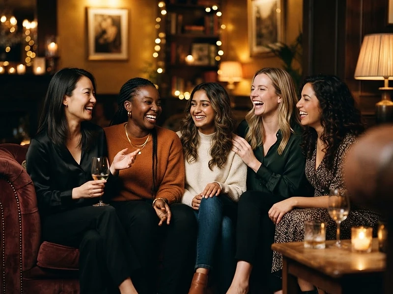 Five women of different races laughing and talking together