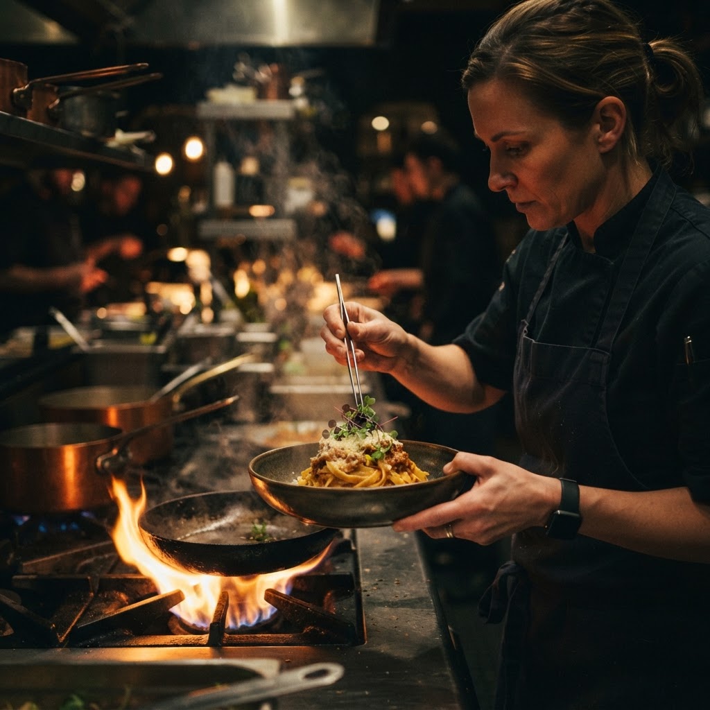 Chef Alec plating a dish over open flame