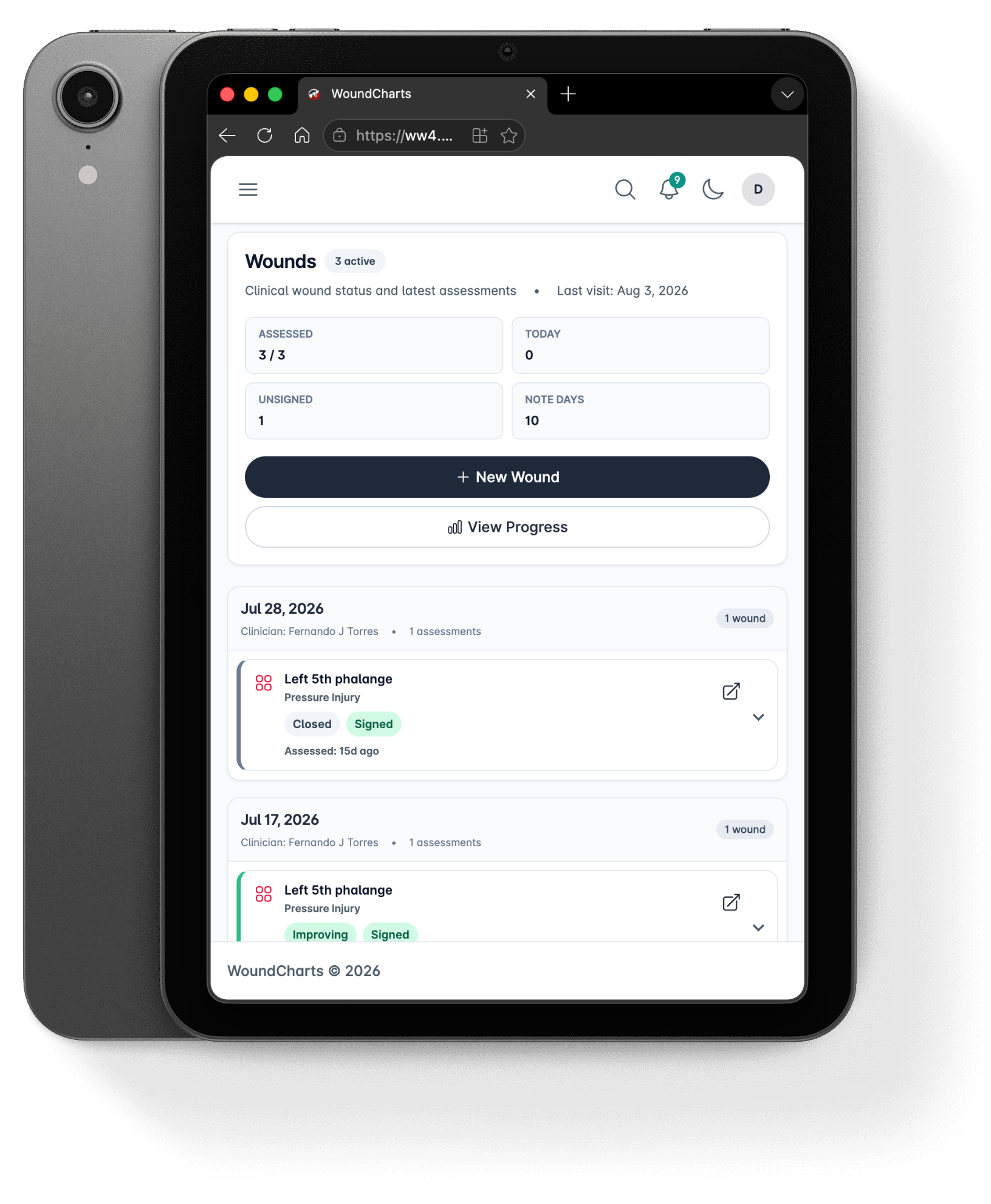 WoundCharts clinical dashboard on a tablet