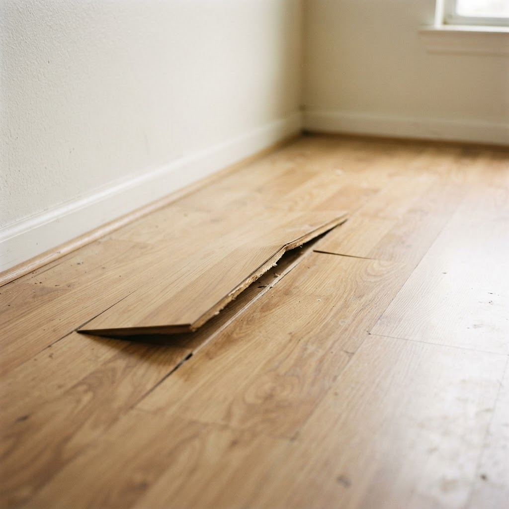 Buckled laminate floorboards lifting at a seam