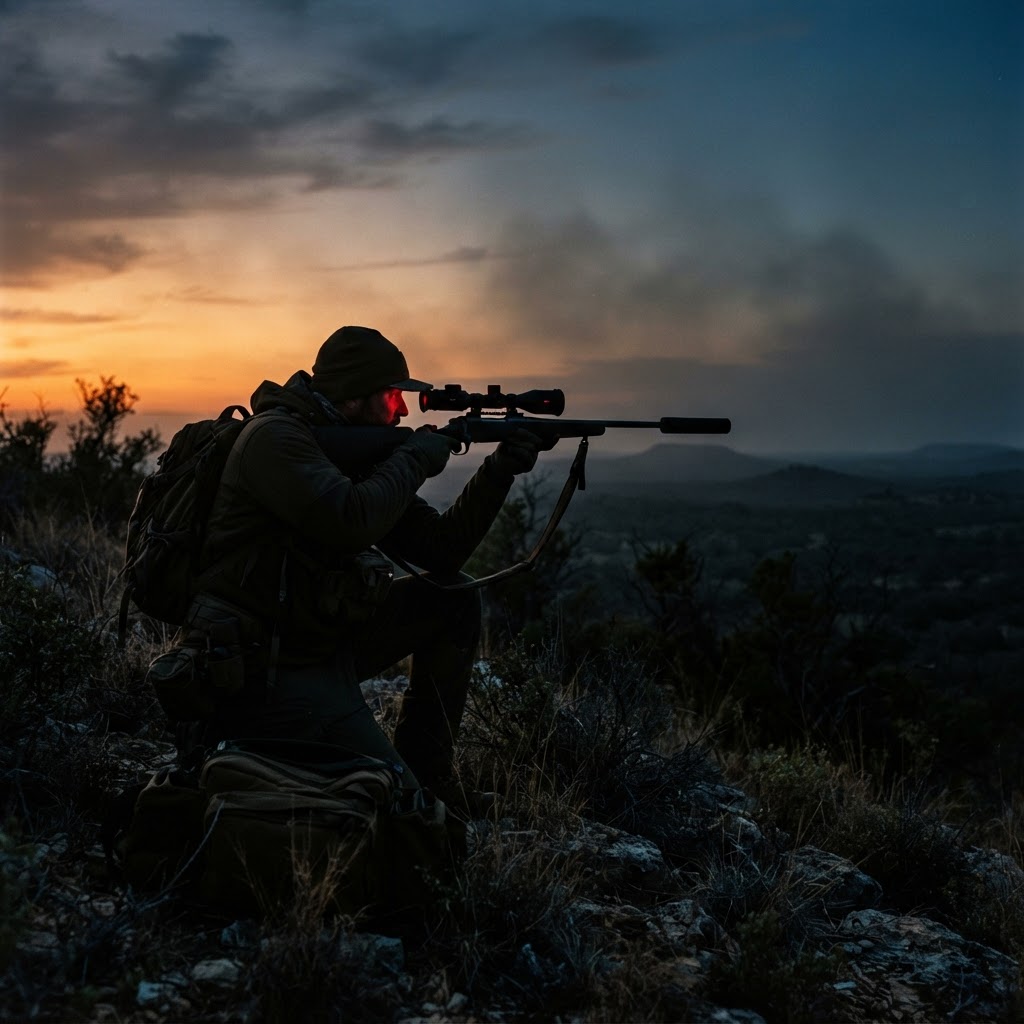 Hunter using a thermal scope at dusk