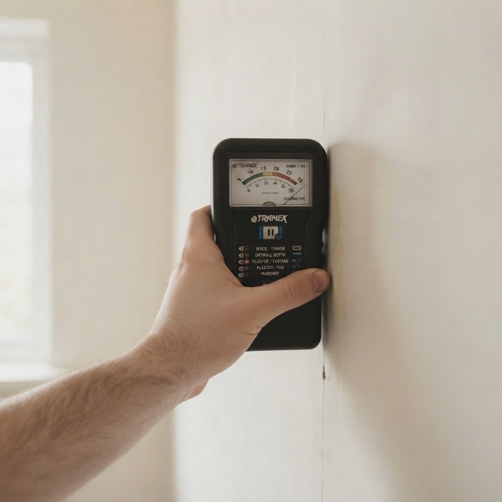 Hand pressing a moisture meter against the wall above a baseboard