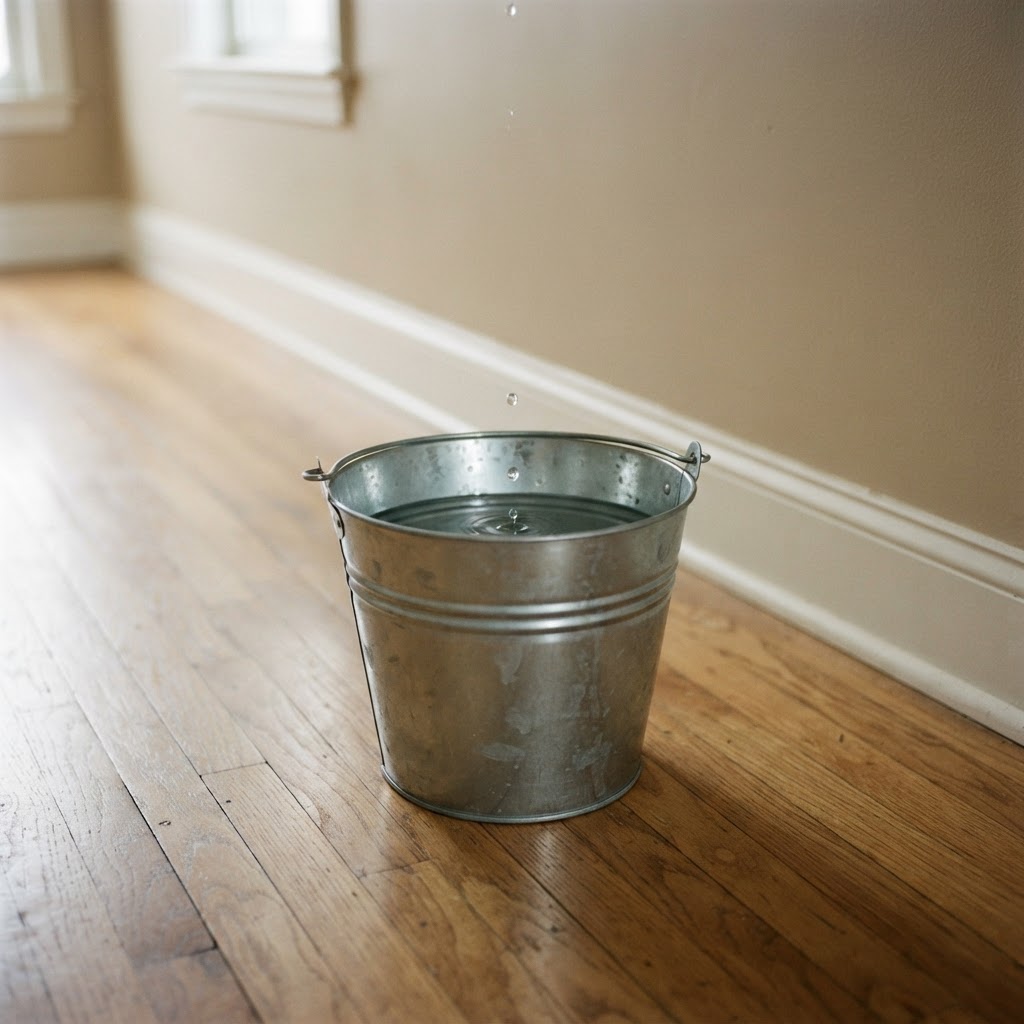 Bucket on a hardwood floor catching a drip from above