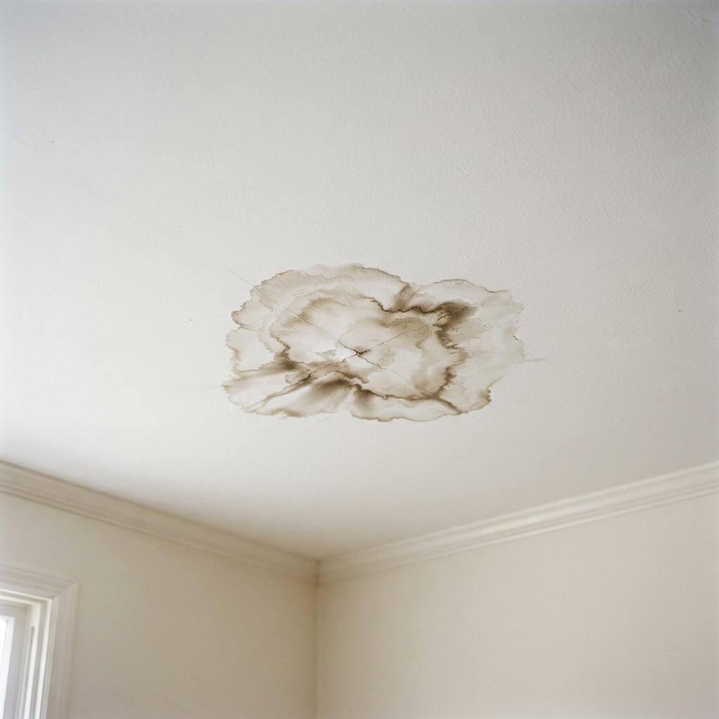 Brown water stain spreading across a painted white ceiling
