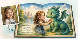 A child's photo becomes a storybook illustration inside an open storybook