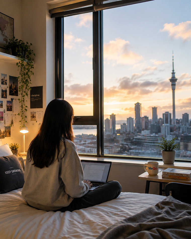 Student unpacking in a bright modern apartment