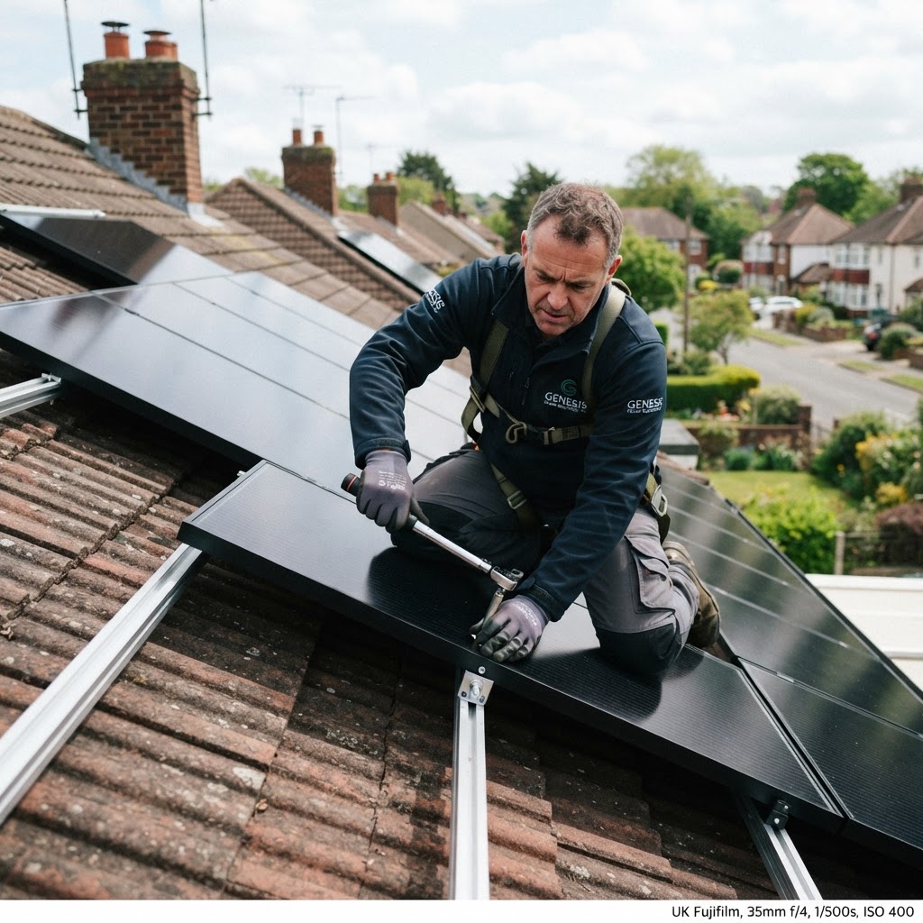 Solar installer working on a commercial rooftop