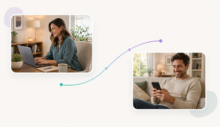 A therapist working on a laptop and a patient using a smartphone, connected by a teal-to-purple pathway with progress markers.