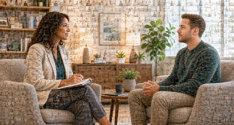 Therapist and client in conversation represented through a mosaic of between-session support moments.