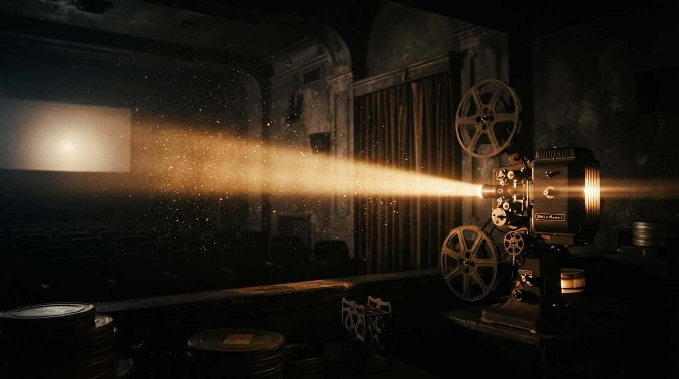 A projector beam cutting through a dark room, dust suspended in golden light