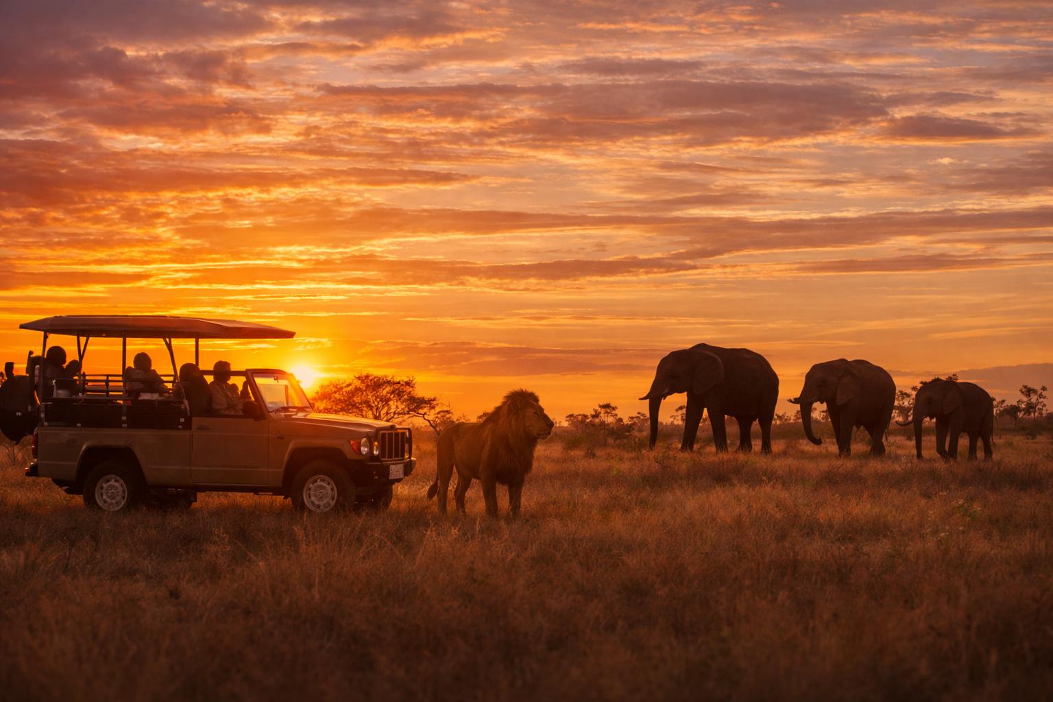 Lion and elephants on the open savanna at sundown