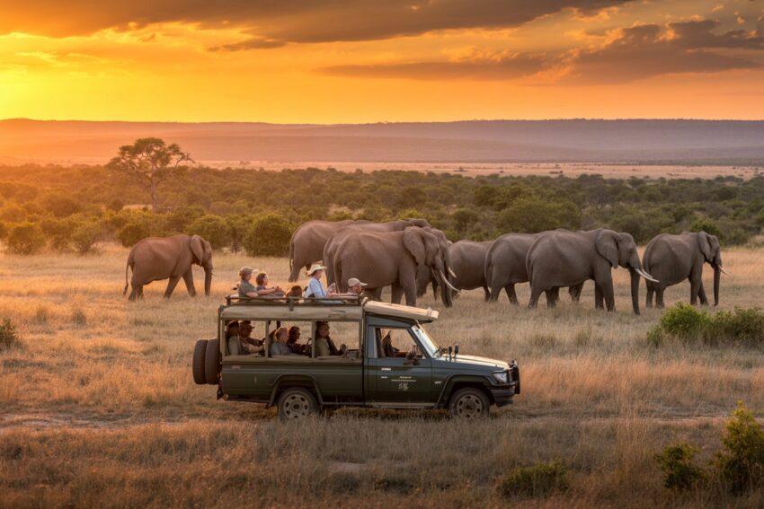 Golden-hour safari with elephant herd