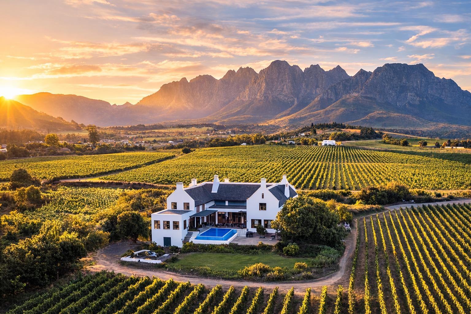 Vineyard manor at golden hour, swimming pool & jagged peaks