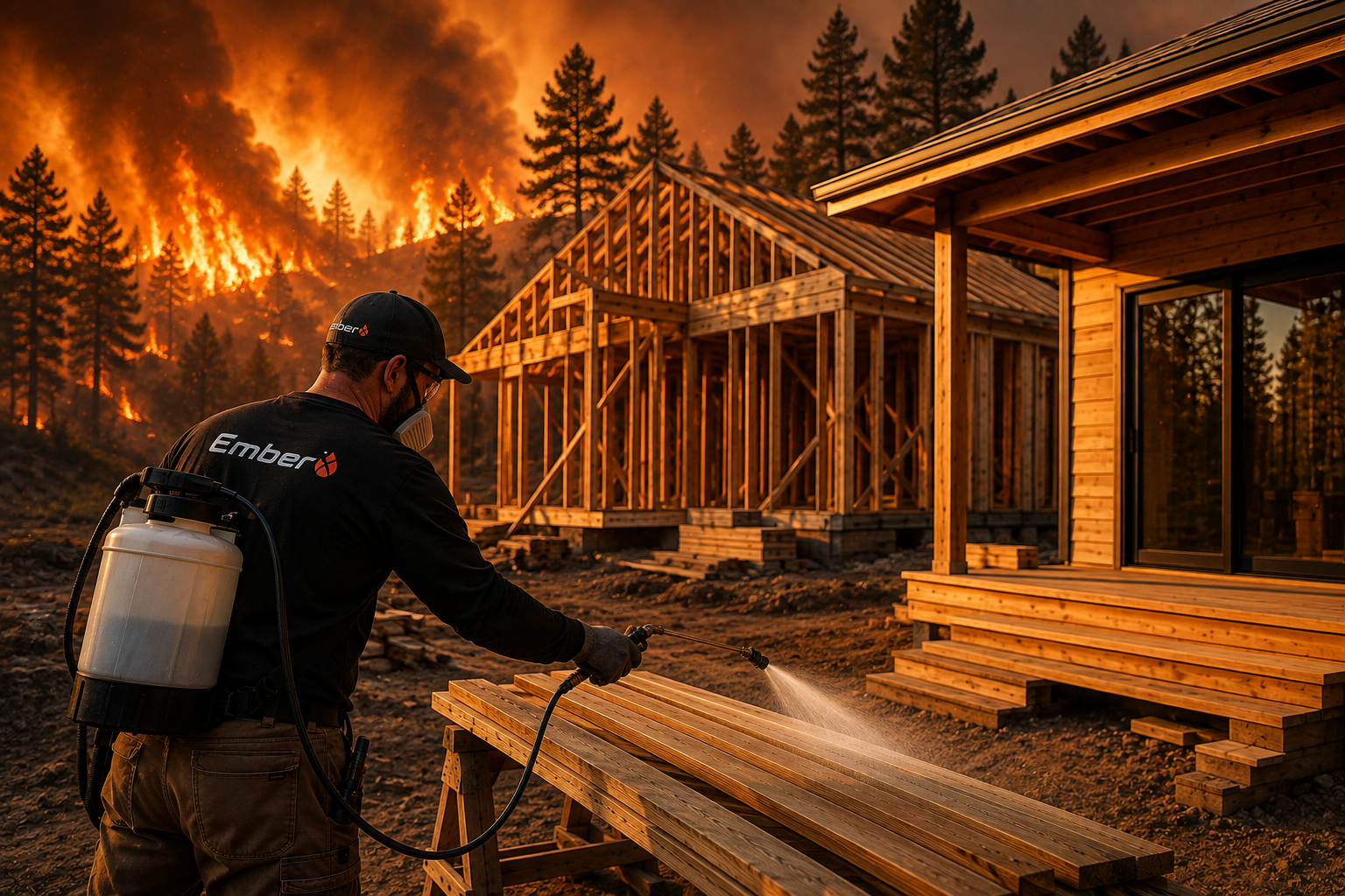 EmberX technician applying fire-retardant treatment to lumber with a wildfire burning in the background