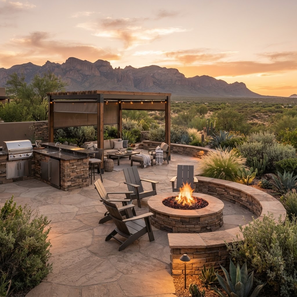 Outdoor hardscape living space with paver patio, fire pit, and outdoor kitchen at golden hour