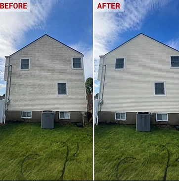 Two-story home gable siding streaked with green algae and gray weathering before washing, and the same siding clean and uniform after