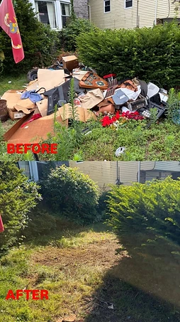 Side yard filled with furniture, electronics, and cardboard before junk removal, and the same yard fully cleared after