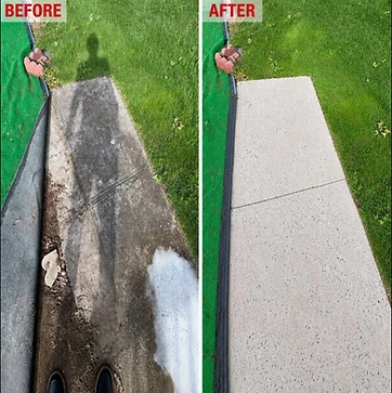 Concrete walkway darkened with dirt, mildew, and leaf debris before pressure washing, and the same walkway restored to clean light concrete after