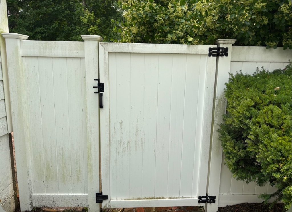 White vinyl fence and gate stained with green algae, mildew, and dirt streaks before soft washing