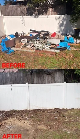 Backyard corner piled with scrap metal, hoses, tarps, lumber, and household junk before removal, and the same corner cleared to bare ground after