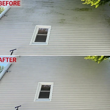 Upper siding covered in heavy green algae growth under the roofline before soft washing, and the same siding clean after