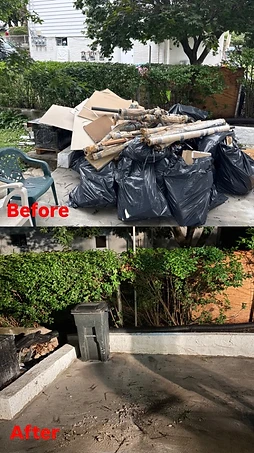 Backyard patio stacked with contractor bags, carpet rolls, and construction debris before removal, and the same patio swept clean after