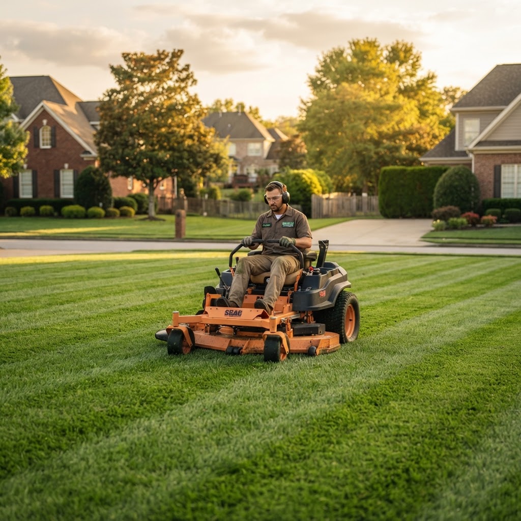 Turf Star Lawn Care mowing a lush green lawn