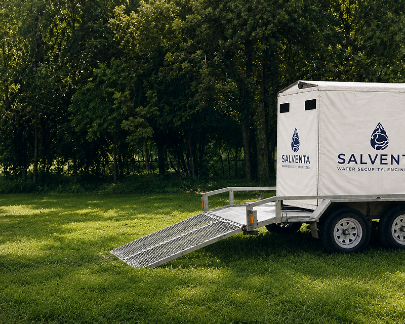 Salventa road-towable trailer water treatment unit with hydraulic loading arm on a grassy site
