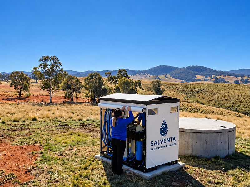 Salventa-branded water purification unit deployed on a rural grassy hillside, two technicians working on the unit with a concrete water tank beside it