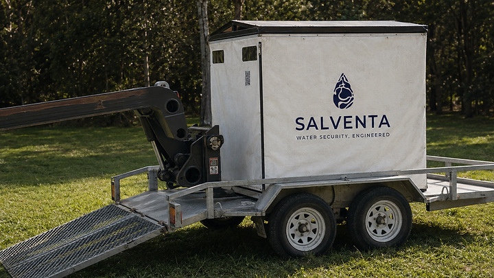 Salventa road-towable trailer unit deployed on grass, ramp lowered