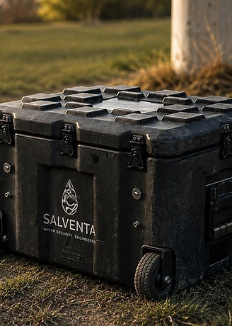 Salventa Box unit on grass at golden hour