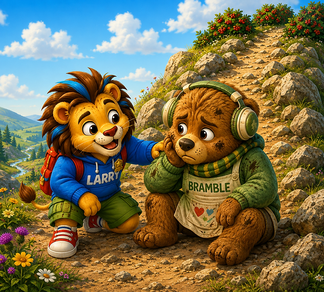 Larry kneeling to put a reassuring hand on Bramble's shoulder on a rocky mountain path, encouraging him to keep going