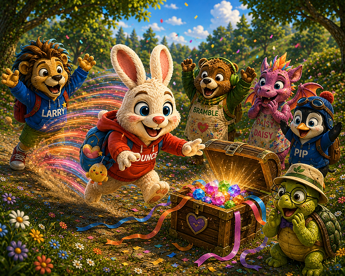 Larry, Bounce, Bramble, Daisy, Pip and Mossy celebrating together around a treasure chest overflowing with glowing gems and confetti